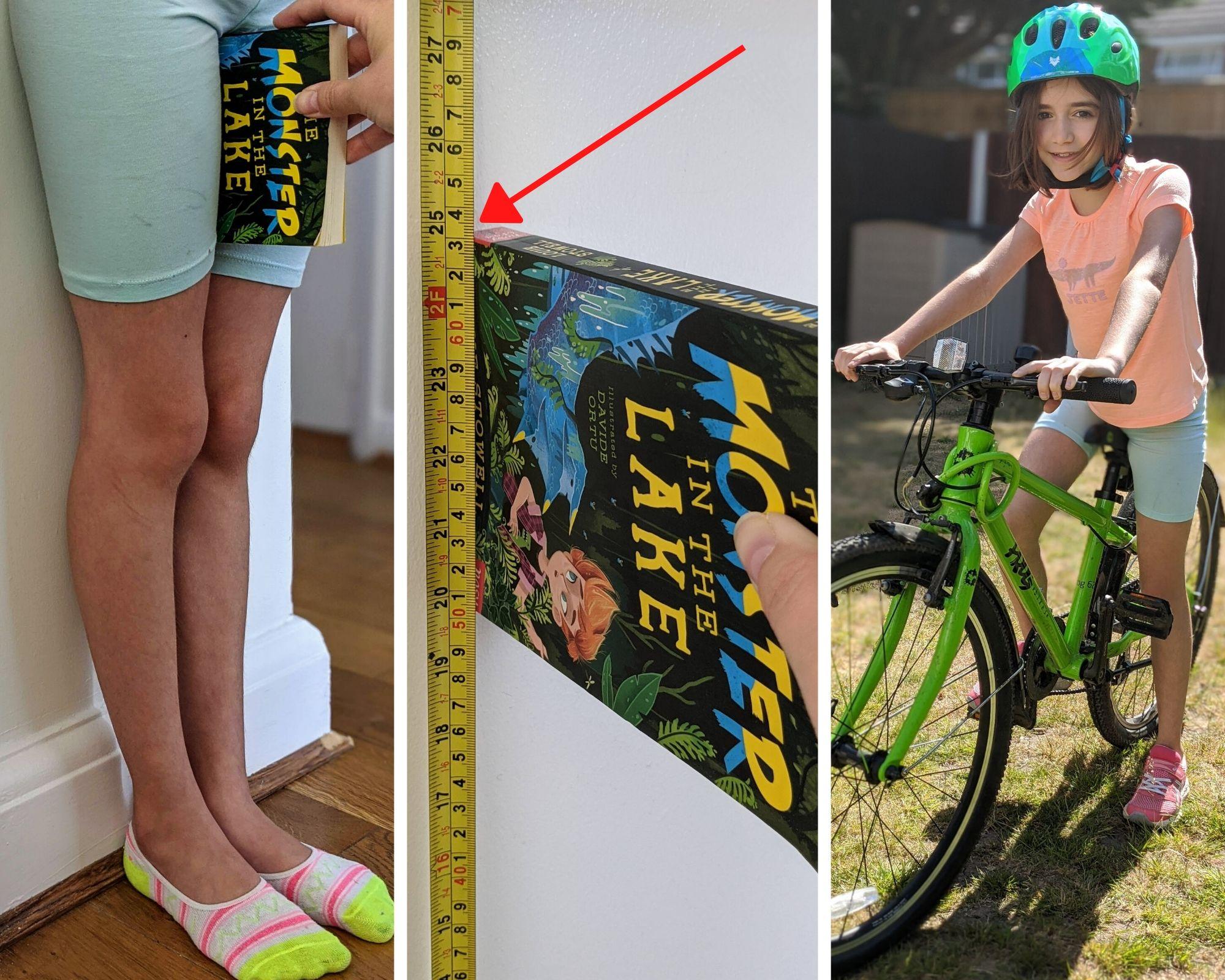 picture of a girl against a wall with her inseam being measured to find the right size bicycle for her